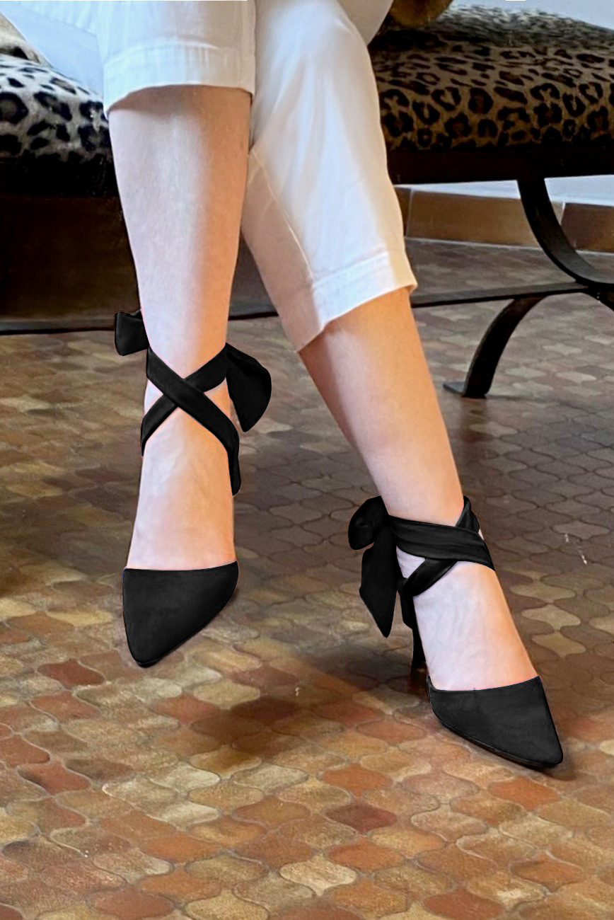 Matt black women's open back shoes, with an ankle scarf. Tapered toe. Medium comma heels. Worn view - Florence KOOIJMAN